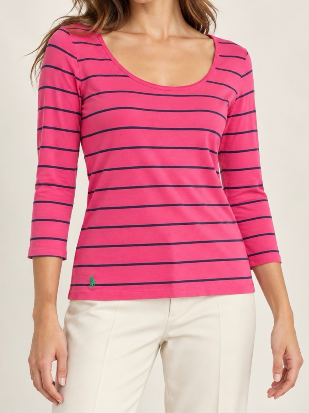 Ralph Lauren Sport Pink & Navy Striped Scoop Neck Top | Women’s Large
